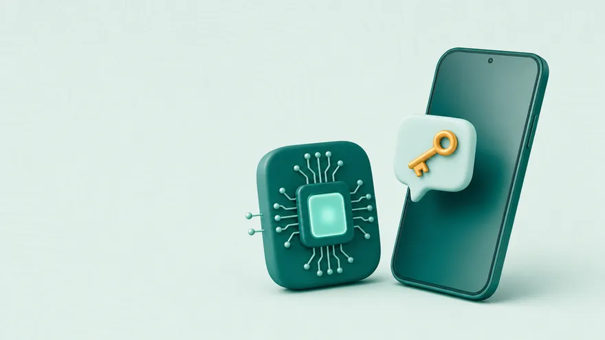 A glowing processor chip beside a smartphone receiving a message bubble with a key.