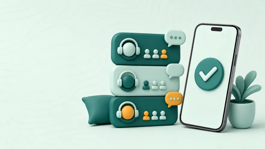 Stacked community chat tiles with avatars beside a smartphone showing a large checkmark.