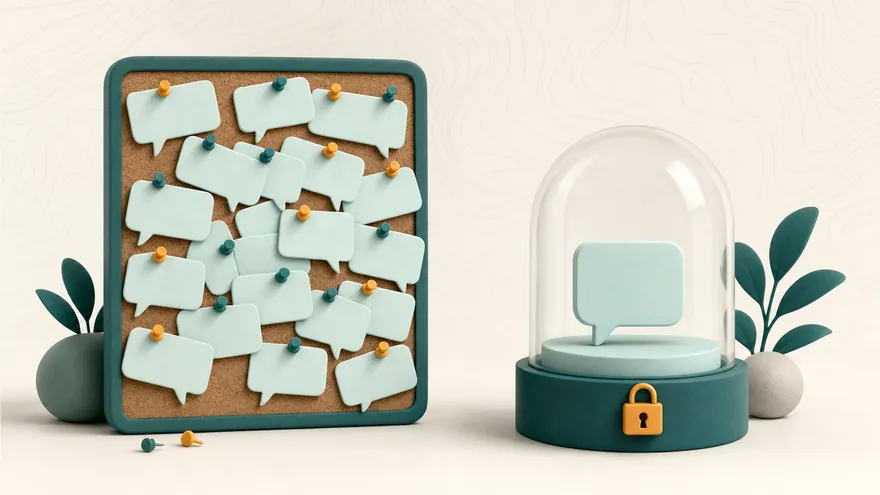A crowded corkboard of message bubbles beside one private bubble under a padlocked glass dome.