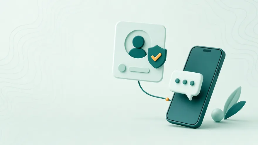 A profile card with a shield checkmark linked to a smartphone receiving a message.