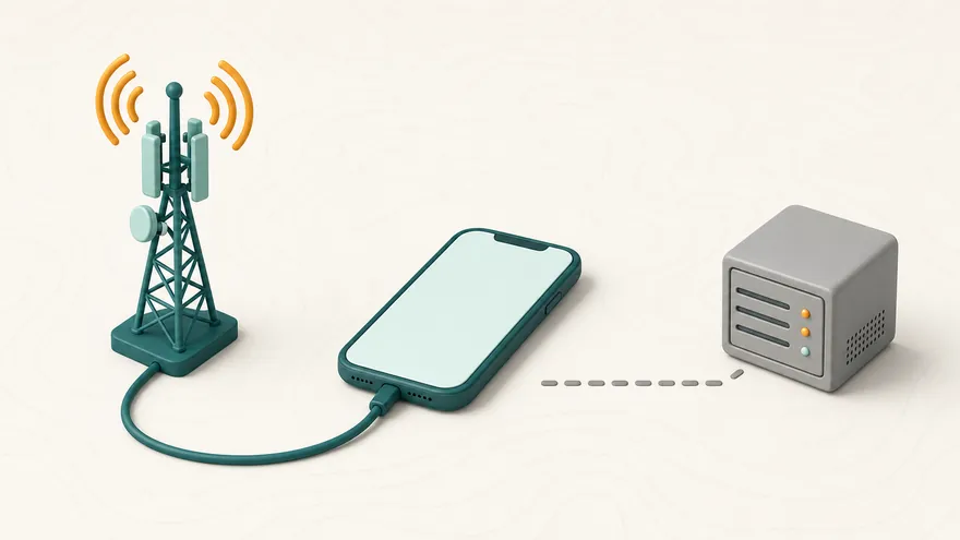 A cell tower wired to a smartphone while a server box’s dashed line stops short.