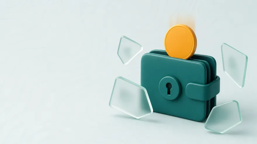 An amber coin dropping into a closed teal vault wallet surrounded by frosted glass shards.