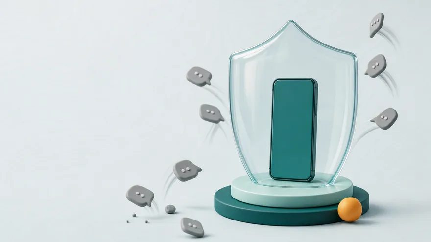 A smartphone under a glass shield dome while gray spam bubbles bounce away.