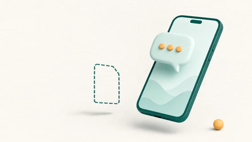 A chat bubble rising from a smartphone screen beside an empty dashed SIM card outline.