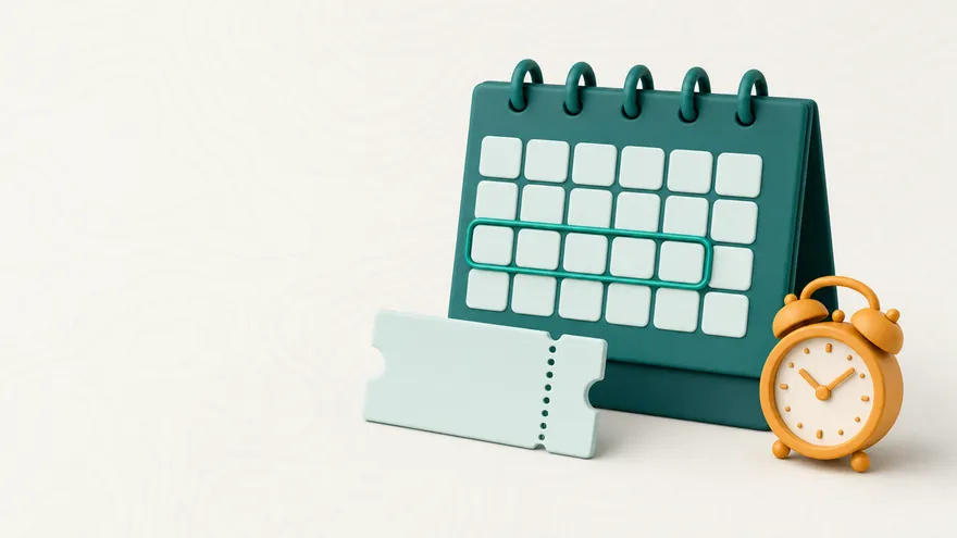 A calendar with a highlighted span of days beside one ticket stub and an alarm clock.