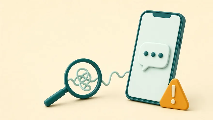 A phone with a waiting bubble and warning sign, its tangled signal line under a magnifier.