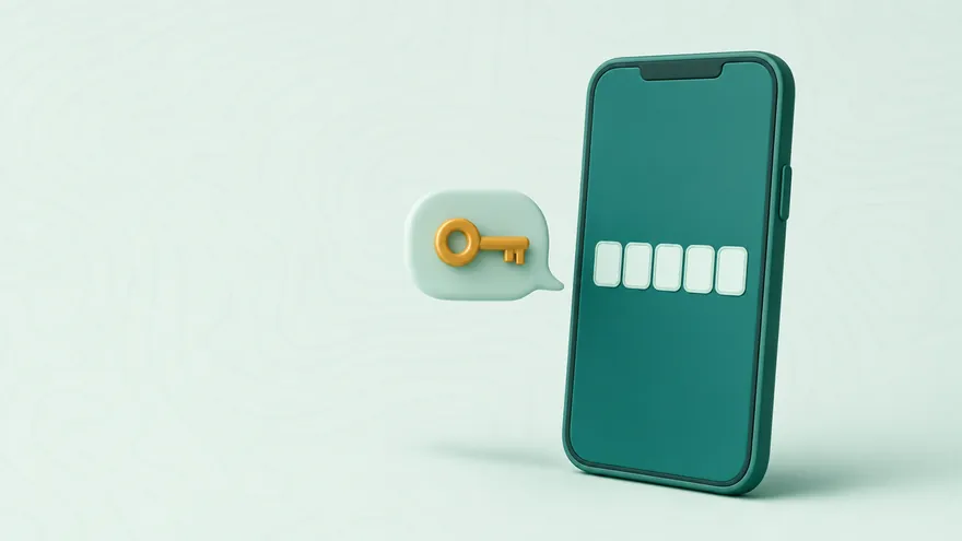 A smartphone showing empty code boxes as a message bubble carries a golden key toward it.