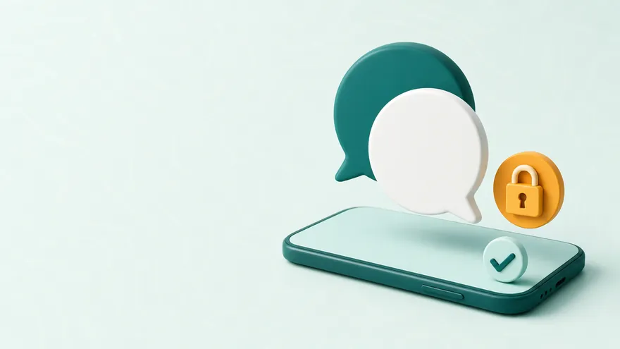 Two chat bubbles above a smartphone with a padlock badge and a checkmark badge.